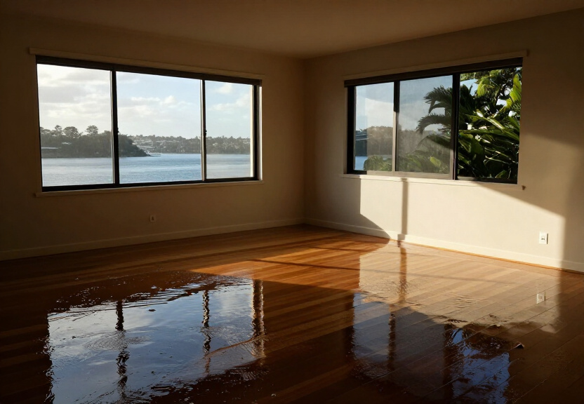 Flooded living room in Glen Alpine before restoration
